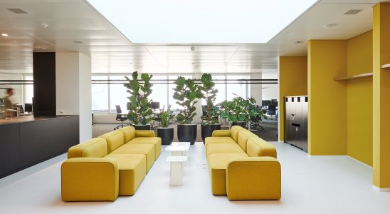 Die Arbeitsplätze im Erdgeschoss werden durch eine bunte Besprechungsinsel in der Mitte aufgelockert. Abbildung: Mint Architecture