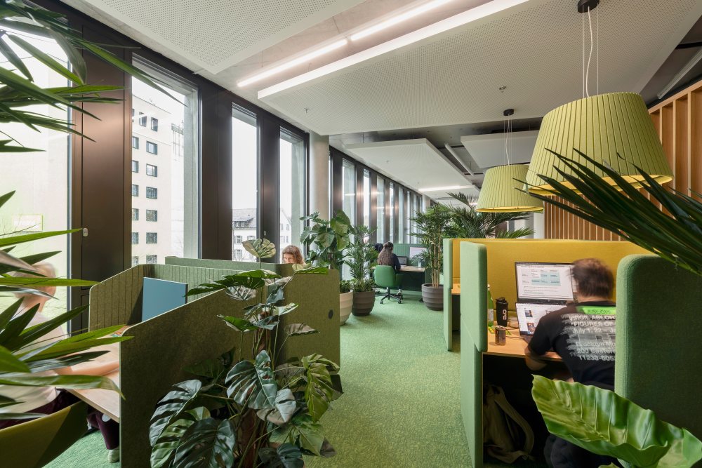In Grün gehalten: die Zone für fokussiertes Arbeiten mit Einzelarbeitsplätzen. Abbildung: Peter Würmli, Evolution Design