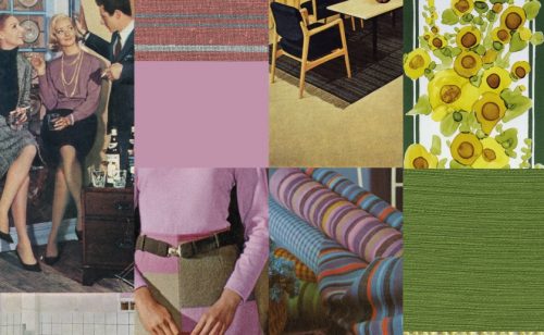 Eine Collage aus Anzeigen und Stoffen des Unternehmens der zwischen den Jahren 1959–1966. Abbildung: Création Baumann